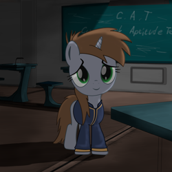 Size: 2000x2000 | Tagged: safe, artist:dddromm, derpibooru import, oc, oc only, oc:littlepip, pony, unicorn, fallout equestria, chalkboard, clothes, cute, fanfic art, female, filly, filly littlepip, foal, high res, jumpsuit, solo, stable 2, table, vault suit