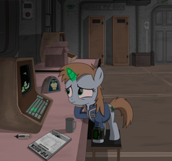 Size: 2186x2048 | Tagged: safe, artist:dddromm, derpibooru import, oc, oc only, oc:littlepip, pony, unicorn, fallout equestria, clothes, computer, fanfic art, female, filly, filly littlepip, foal, high res, jumpsuit, magic, pipbuck, solo, stable 2, stable tec, telekinesis, terminal, tetris, vault suit