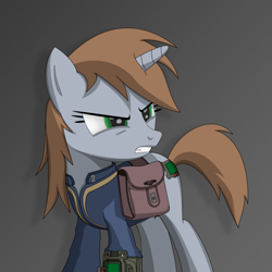 Size: 2000x2000 | Tagged: safe, artist:dddromm, derpibooru import, oc, oc only, oc:littlepip, pony, unicorn, fallout equestria, angry, bag, clothes, female, high res, jumpsuit, mare, pipbuck, saddle bag, solo, vault suit, wip