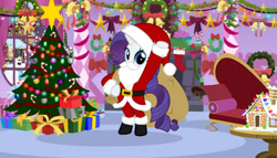 Size: 1024x585 | Tagged: artist needed, safe, derpibooru import, rarity, pony, unicorn, bell, belt, bipedal, boots, bow, candy, candy cane, carousel boutique, chimney, christmas, christmas decoration, christmas lights, christmas ornament, christmas star, christmas stocking, christmas tree, christmas wreath, clothes, costume, decoration, fainting couch, fake beard, female, fireplace, food, garland, gingerbread house, hat, holiday, holly, indoors, lights, looking at you, mare, present, sack, santa beard, santa claus, santa costume, santa hat, santa sack, shoes, snow, snowfall, snowpony, sofa, solo, standing, table, tree, window, wreath