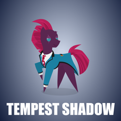 Size: 1280x1280 | Tagged: safe, artist:aha-mccoy, derpibooru import, tempest shadow, pony, unicorn, broken horn, clothes, eye scar, facial scar, female, head turn, horn, mare, necktie, pointy ponies, scar, solo, suit