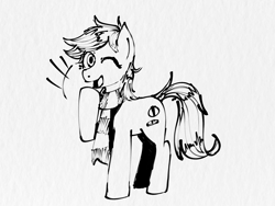 Size: 2048x1536 | Tagged: safe, artist:akissonyourpinky, oc, oc:paracetamol, earth pony, female, laughing, mare, monochrome, standing