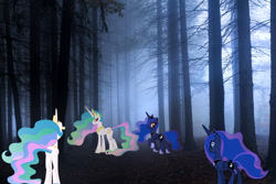 Size: 1600x1067 | Tagged: safe, derpibooru import, princess celestia, princess luna, alicorn, pony, butt, clone, crown, female, forest, hoof shoes, irl, jewelry, mare, photo, plot, ponies in real life, red eyes, regalia