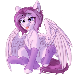 Size: 1400x1400 | Tagged: safe, artist:uberponya, derpibooru import, oc, oc only, oc:morny sparklet, pegasus, pony, 2023 community collab, :p, chest fluff, clothes, derpibooru community collaboration, neck fluff, simple background, sitting, smiling, socks, solo, sternocleidomastoid, tongue, tongue out, transparent background, underhoof, wings