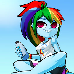 Size: 1720x1720 | Tagged: safe, artist:kyouman1010, derpibooru import, rainbow dash, human, equestria girls, bare shoulders, blue background, bottle, clothes, cutie mark on clothes, female, gradient background, simple background, sitting, sleeveless, smiling, solo, tomboy