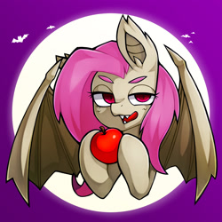 Size: 1543x1543 | Tagged: safe, artist:kyouman1010, derpibooru import, fluttershy, bat, bat pony, apple, bat ponified, bat wings, female, flutterbat, food, looking at you, mare, moon, open mouth, race swap, solo, wings