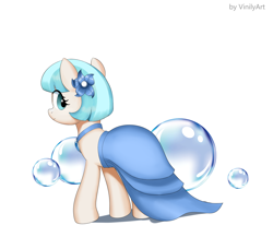 Size: 1744x1516 | Tagged: safe, artist:vinilyart, derpibooru import, coco pommel, earth pony, pony, blue dress, bubble, choker, clothes, cocobetes, cute, dress, eye clipping through hair, female, flower, flower in hair, looking back, mare, simple background, smiling, solo, white background