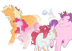 Size: 2480x1748 | Tagged: safe, artist:celeriven, derpibooru import, applejack, pinkie pie, prince blueblood, oc, oc:bright pink, oc:candy cane, pony, unicorn, magic, offspring, parent:pinkie pie, parent:prince blueblood, parents:bluepie, simple background, white background