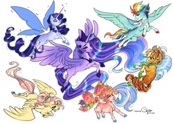 Size: 1057x756 | Tagged: safe, artist:cactiflowers, artist:cigarscigarettes, derpibooru import, applejack, fluttershy, pinkie pie, rainbow dash, rarity, twilight sparkle, twilight sparkle (alicorn), alicorn, earth pony, pegasus, pony, unicorn, the last problem, alternate design, artificial wings, augmented, balloon, braid, chest fluff, cloven hooves, coat markings, colored hooves, cowboy hat, eyes closed, female, flying, glimmer wings, hat, jewelry, looking back, magic, magic wings, mane six, mare, missing cutie mark, neckerchief, older, older applejack, older fluttershy, older mane six, older pinkie pie, older rainbow dash, older rarity, older twilight, regalia, rubber duck, simple background, smiling, socks (coat marking), streamers, white background, wings