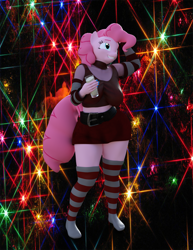 Size: 2401x3107 | Tagged: safe, artist:errantsfm, derpibooru import, pinkie pie, anthro, earth pony, plantigrade anthro, 3d, alcohol, arm behind head, breasts, christmas, christmas lights, clothes, daz studio, eggnog, glass, hearth's warming, holiday, painted nails, pinkie pies, skirt, smiling, socks, solo, striped socks