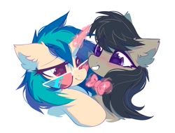 Size: 1338x1020 | Tagged: safe, artist:mirtash, derpibooru import, dj pon-3, octavia melody, vinyl scratch, earth pony, pony, unicorn, blushing, bowtie, ear fluff, ears, female, lesbian, looking at each other, looking at someone, magic, mare, scratchtavia, shipping, simple background, smiling, sunglasses, white background