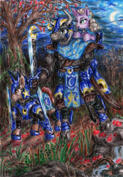 Size: 2297x3306 | Tagged: safe, artist:lubronyr, derpibooru import, oc, oc only, earth pony, minotaur, pony, unicorn, armor, crescent moon, female, forest, high res, male, mare, moon, night, riding, stallion, sword, traditional art, trio, weapon