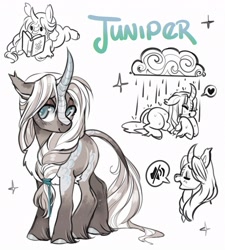 Size: 3302x3663 | Tagged: safe, artist:opalacorn, derpibooru import, oc, oc:juniper, kirin, book, cute, eyes closed, heart, kirin oc, kirinbetes, pictogram, rain, reading, simple background, smiling, solo, sparkles, white background