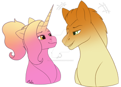 Size: 1280x916 | Tagged: safe, artist:malinraf1615, derpibooru import, gallop j. fry, luster dawn, pony, deviantart watermark, female, lusterfry, male, obtrusive watermark, older, shipping, simple background, straight, transparent background, watermark