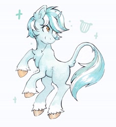 Size: 3352x3672 | Tagged: safe, artist:lightisanasshole, derpibooru import, lyra heartstrings, pony, unicorn, chest fluff, colored hooves, curved horn, doodle, female, horn, looking back, raised hoof, raised leg, raised tail, simple background, solo, stars, tail, traditional art, watercolor painting, white background