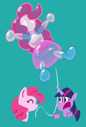 Size: 634x929 | Tagged: artist needed, safe, derpibooru import, pinkie pie, twilight sparkle, earth pony, pony, equestria girls, balloon, female, mare, open mouth