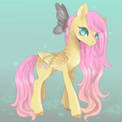 Size: 2048x2048 | Tagged: safe, artist:brot-art, derpibooru import, fluttershy, butterfly, pegasus, pony, coat markings, colored hooves, dappled, female, folded wings, high res, looking at you, mare, solo, standing, stray strand, three quarter view, wings