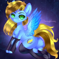 Size: 3000x3000 | Tagged: safe, artist:monstrum, derpibooru import, oc, oc:lucky bolt, pegasus, pony, butt, butt fluff, chest fluff, clothes, cute, ear fluff, ears, fluffy, looking at you, plot, raffle prize, raffle winner, socks, solo, spread wings, wings