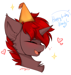 Size: 3500x3700 | Tagged: safe, artist:lunylin, derpibooru import, oc, oc:hardy, alicorn, pony, birthday, birthday gift, blushing, chest fluff, ear fluff, ears, eyes closed, hat, male, party hat, smiling, solo, stallion