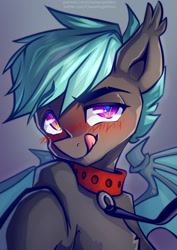 Size: 935x1323 | Tagged: safe, artist:chaosangeldesu, derpibooru import, oc, bat pony, pony, bat pony oc, bat wings, blushing, bust, collar, cute, male, portrait, smiling, solo, stallion, tongue, tongue out, wings