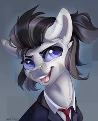 Size: 2200x2717 | Tagged: safe, artist:mithriss, derpibooru import, oc, oc only, pony, zebra, clothes, commission, costume, female, mare, neck fluff, necktie, open mouth, open smile, simple background, smiling, solo, sternocleidomastoid, suit, teeth, tuxedo
