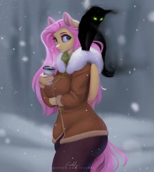 Size: 895x1000 | Tagged: safe, artist:evehly, derpibooru import, fluttershy, anthro, cat, pegasus, black cat, breasts, clothes, coffee, female, hootershy, mare, nail polish, nails, snow, snowfall, sweater, sweatershy, walking, wings, winter outfit