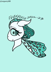 Size: 1536x2173 | Tagged: safe, artist:enperry88, derpibooru import, oc, oc only, oc:flensence, changedling, changeling, blue background, changeling oc, cyan background, cyan eyes, kelpie eyes, little horn, looking at you, redesign, simple background, wings