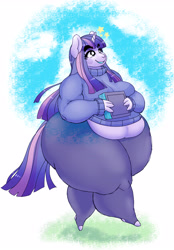 Size: 2748x3948 | Tagged: safe, artist:shell-oz, derpibooru import, twilight sparkle, unicorn twilight, anthro, unicorn, adorafatty, bbw, belly, book, cute, fat, female, happy, obese, overweight, simple background, solo, thick, thighs, thunder thighs, twiabetes, twilard sparkle, walking, wide hips