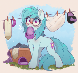 Size: 1509x1414 | Tagged: safe, artist:rexyseven, derpibooru import, oc, oc only, oc:whispy slippers, earth pony, pony, blushing, clothes, female, glasses, looking at you, mare, mouth hold, open mouth, slippers, socks, solo, we don't normally wear clothes