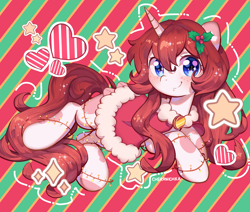 Size: 6058x5149 | Tagged: safe, artist:cherrnichka, derpibooru import, oc, oc only, oc:nokori, alicorn, pony, alicorn oc, christmas, christmas lights, commission, ethereal mane, female, holiday, holly, horn, solo, starry mane, striped background, wings, ych result