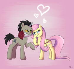 Size: 3200x3000 | Tagged: safe, artist:nyctophelia, derpibooru import, discord, fluttershy, pegasus, pony, unicorn, blushing, bouquet, discoshy, duo, female, flower, heart, high res, male, mare, mouth hold, ponified, pony discord, shipping, stallion, straight