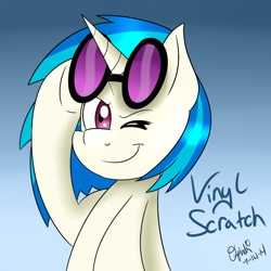 Size: 1000x1000 | Tagged: safe, artist:nyctophelia, derpibooru import, dj pon-3, vinyl scratch, pony, unicorn, female, glasses, mare, one eye closed, solo, vinyl's glasses, wink