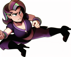 Size: 640x512 | Tagged: safe, derpibooru import, generator:novelai, generator:stable diffusion, machine learning generated, starlight glimmer, human, boots, breasts, cleavage, clothes, double dragon, female, high heel boots, humanized, kick, martial arts, shoes, simple background, solo, white background