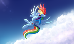 Size: 2500x1500 | Tagged: safe, artist:rejiser, derpibooru import, rainbow dash, pegasus, pony, cloud, female, sky, solo