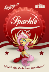 Size: 1300x1900 | Tagged: safe, artist:rejiser, derpibooru import, fluttershy, pegasus, pony, fallout equestria, christmas, female, hat, heart, heart eyes, holiday, santa hat, soda, solo, sparkle cola, wingding eyes