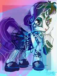 Size: 767x1024 | Tagged: safe, artist:turbinedivinity, derpibooru import, rarity, pony, unicorn, belt, belts, clothes, collar, commission, eyeshadow, fishnets, goth, lipstick, looking at you, makeup, pleated skirt, pose, punk, raised hoof, raised leg, shoes, simple background, skirt, solo