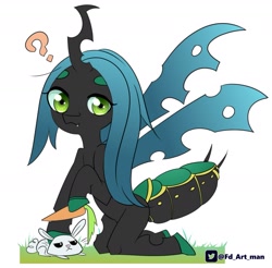 Size: 1857x1827 | Tagged: safe, artist:fd, derpibooru import, angel bunny, queen chrysalis, changeling, changeling queen, pony, carrot, food, question mark, simple background, solo, white background