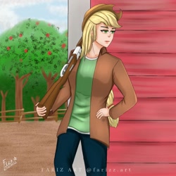 Size: 1024x1024 | Tagged: safe, artist:lencai123, derpibooru import, applejack, human, female, gun, humanized, rifle, solo, weapon