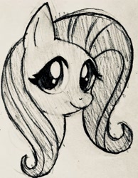 Size: 2297x2962 | Tagged: safe, artist:missmccloud, derpibooru import, fluttershy, pegasus, pony, bust, female, grayscale, looking at you, mare, monochrome, portrait, sketch, smiling, solo