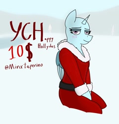 Size: 1038x1080 | Tagged: safe, artist:minxtaperino, derpibooru import, pegasus, unicorn, advertisement, christmas, commission, holiday, snow, solo, ych example, your character here