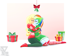 Size: 2900x2289 | Tagged: safe, artist:theretroart88, derpibooru import, applejack, rainbow dash, human, equestria girls, appledash, christmas, clothes, duo, female, holiday, kiss on the lips, kissing, lesbian, mistletoe, present, shipping, simple background, socks, striped socks, white background