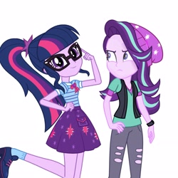 Size: 2289x2289 | Tagged: safe, derpibooru import, sci-twi, starlight glimmer, twilight sparkle, better together, equestria girls, mirror magic, spoiler:eqg specials, duo, simple background, starlight glimmer is not amused, unamused, white background