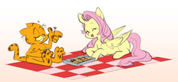 Size: 1280x591 | Tagged: safe, artist:chub-wub, derpibooru import, fluttershy, cat, pegasus, pony, crossover, cute, duo, eating, eyes closed, female, food, fork, garfield, grin, lasagna, lying down, male, mare, missing cutie mark, open mouth, pasta, picnic, picnic blanket, prone, shyabetes, simple background, smiling, white background