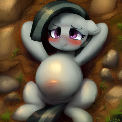 Size: 1024x1024 | Tagged: safe, derpibooru import, machine learning generated, marble pie, earth pony, pony, blushing, embarrassed, lying down, on back, pregnant, solo