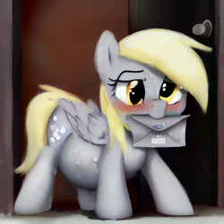 Size: 1024x1024 | Tagged: safe, derpibooru import, machine learning generated, derpy hooves, pegasus, pony, blushing, letter, mouth hold, pregnant, solo, sweat