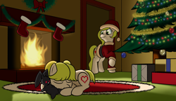 Size: 1800x1034 | Tagged: safe, artist:trash anon, oc, oc only, oc:epithumia, oc:philia, earth pony, pony, rabbit, animal, blonde, blonde mane, carpet, christmas, christmas lights, christmas stocking, christmas tree, christmas wreath, clothes, costume, cutie mark, earth pony oc, female, filly, fire, fireplace, foal, green eyes, hat, holiday, plushie, present, rug, santa costume, santa hat, siblings, sisters, sleeping, smiling, tree, white coat, wreath