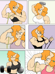 Size: 2004x2682 | Tagged: safe, artist:matchstickman, derpibooru import, pear butter, anthro, earth pony, comic:the other side, abs, biceps, breasts, busty pear butter, clothes, comic, dumbbell (object), exercise, female, flexing, flexing muscles, measuring tape, muscle growth, muscles, muscular female, pear buffer, solo, sweat, weight lifting, weights, workout