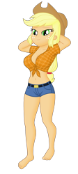 Size: 1700x3800 | Tagged: safe, derpibooru import, edit, editor:ah96, applejack, human, equestria girls, applerack, arm behind head, barefoot, belly button, breast edit, breasts, clothes, feet, female, front knot midriff, midriff, ms paint, shading, shirt, simple background, solo, transparent background