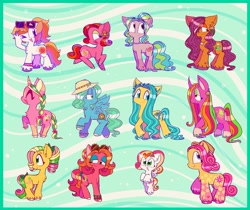 Size: 2048x1719 | Tagged: safe, artist:sidruni, derpibooru import, sunny daze (g3), earth pony, pegasus, pony, unicorn, g1, g3, abstract background, baby, baby honolu-loo, baby pony, bow, bracelet, braid, braided tail, coat markings, cute, eyeshadow, female, filly, flower, flower in hair, flying, foal, hat, island rainbow (g3), jewelry, looking back, looking up, makeup, mare, necklace, open mouth, open smile, pattern, pearl necklace, seashell necklace, smiling, socks (coat marking), summer, sun hat, sunglasses, tail, tail bow, unshorn fetlocks, wave
