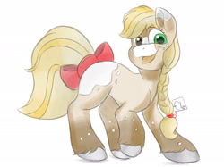 Size: 2732x2048 | Tagged: safe, artist:eledraws99, derpibooru import, applejack, earth pony, pony, bow, braid, female, mare, redesign, simple background, smiling, solo, tail, tail bow, unshorn fetlocks, white background